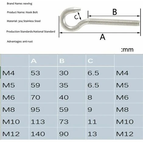 M5 Crochet Boulon Anneau à Vis Crochet 304 Acier Inoxydable Haute Dureté Crochet En Acier Boulon Suspendu Item Vis Crochet Pour Suspension Lustres L'artisanat 10 PCS – Image 2