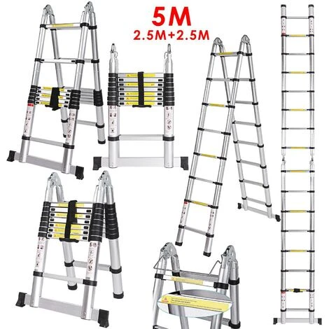 Échelle Télescopique 5m, Multifonction, Pliable En Alliage D’Aluminium, Échelle Double 2,5m + 2,5m, Charge Max 150kg