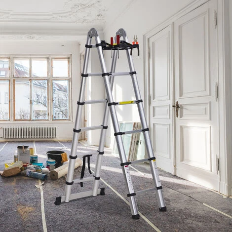 HOMCOM Echelle Télescopique Tabouret Extensible Pliable Aluminium Argent Dim. 379L X 67,5l X 11H Cm – Image 2