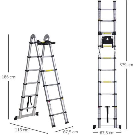 HOMCOM Echelle Télescopique Tabouret Extensible Pliable Aluminium Argent Dim. 379L X 67,5l X 11H Cm – Image 3