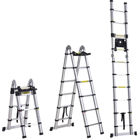 HOMCOM Echelle Télescopique Tabouret Extensible Pliable Aluminium Argent Dim. 379L X 67,5l X 11H Cm – Image 4