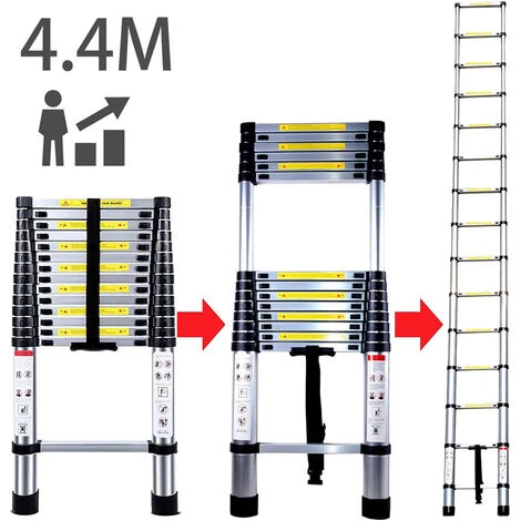4.4M Échelle Télescopique En Aluminium Bricolage Pliable Échelle Escamotable Multifonction Charge 150 Kg, Noir