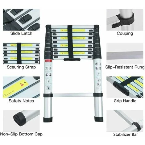 4.4M Échelle Télescopique En Aluminium Bricolage Pliable Échelle Escamotable Multifonction Charge 150 Kg, Noir – Image 3