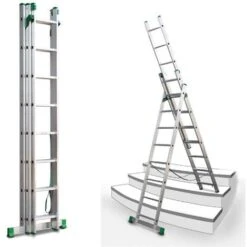 Echelle Transformable 3 Plans 3x7 Barreaux - Longueur 3.99m / Pliée 2.01m - Hauteur Escabeau 2,7m - 7807
