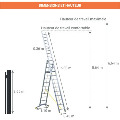 Echelle Transformable 3 Plans 3x14 Barreaux - Longueur 8,7m / Pliée 3,75m - Hauteur Escabeau 5,64m - TRC314 – Image 2