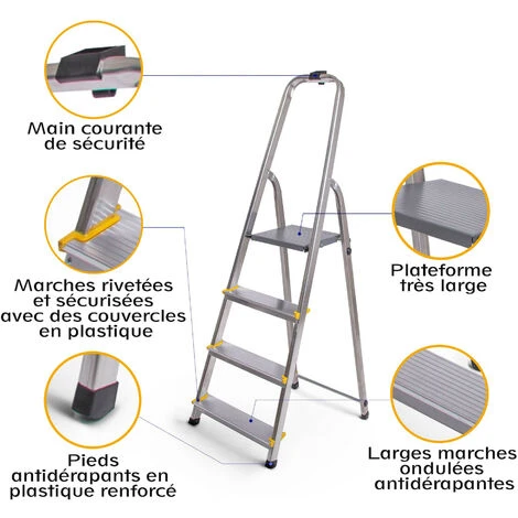 Escabeau 4 Marches DURA Pliable, Marchepied Léger En Aluminium, Hauteur Plateforme 75cm, Pieds Antidérapants, Charge 150kg, Garantie 5 Ans Hoström – Image 5