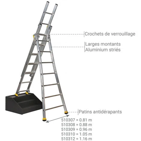 Echelle Transformable 3 Plans 3x9 Barreaux - Longueur 6.1m / Pliée 2.75m - Hauteur Escabeau 4,1m - 510309 – Image 5