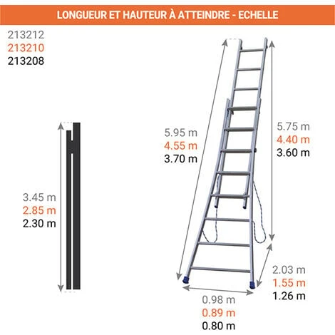 Echelle Transformable 2 Plans 2x8 Barreaux - Longueur 3.70m / Pliée 2.30m - Hauteur Escabeau 2,1m - 213208 – Image 2
