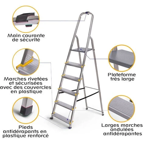 Escabeau 6 Marches DURA Pliable, Marchepied Léger En Aluminium, Hauteur Plateforme 119cm, Pieds Antidérapants, Charge 150kg, Garantie 5 Ans Hoström – Image 5