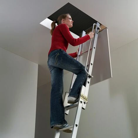 Échelle De Grenier Escamotable En Aluminium Hailo HobbyStep 3 Plans 3x4 échelons Plats Confortables, Verrouillage Automatique, Hauteur Max D'accès 3 M – Image 2