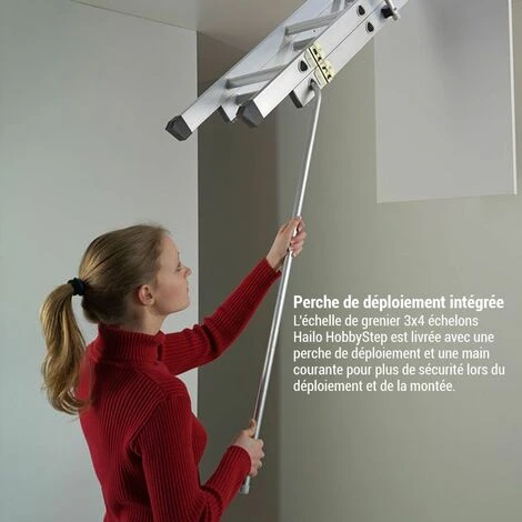 Échelle De Grenier Escamotable En Aluminium Hailo HobbyStep 3 Plans 3x4 échelons Plats Confortables, Verrouillage Automatique, Hauteur Max D'accès 3 M – Image 5