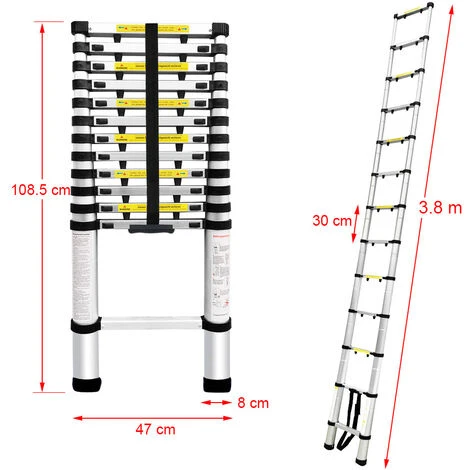 FREOSEN 3.8M Échelle Télescopique Portable Echelle Multi-Fonction En Aluminium,Capacité 150 Kg ,13 Echelons – Image 3