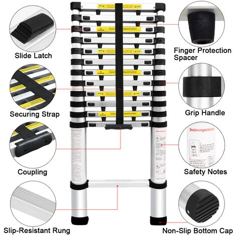 FREOSEN 3.8M Échelle Télescopique Portable Echelle Multi-Fonction En Aluminium,Capacité 150 Kg ,13 Echelons – Image 4