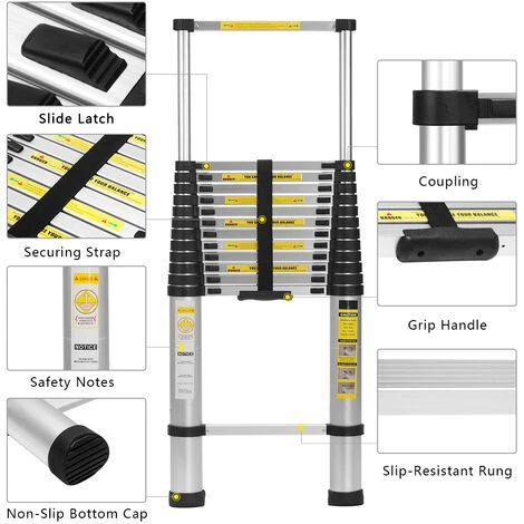 FREOSEN 5M Échelle Télescopique Portable Echelle Multi-Fonction En Aluminium,Capacité 150 Kg ,13 Echelons+ Sac + Gants – Image 3