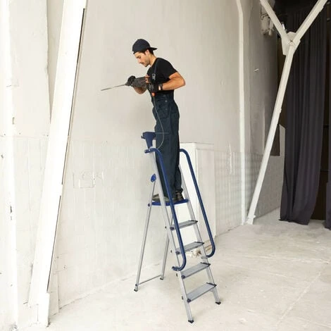 Escabeau 5 Marches Secure Pro, Aluminium Renforcé, Sécurisé Avec Rampes, Tablette Porte-outils, Hauteur Plateforme 112cm, Charge 150kg Hostrom – Image 3