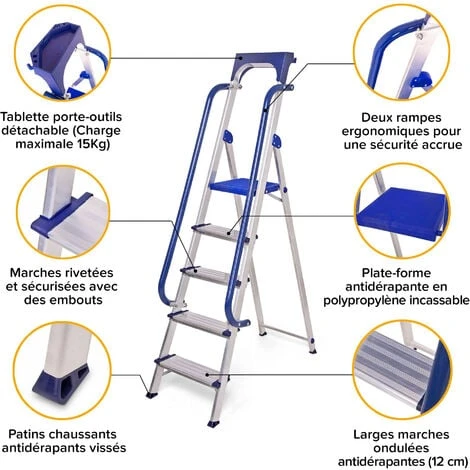 Escabeau 5 Marches Secure Pro, Aluminium Renforcé, Sécurisé Avec Rampes, Tablette Porte-outils, Hauteur Plateforme 112cm, Charge 150kg Hostrom – Image 4