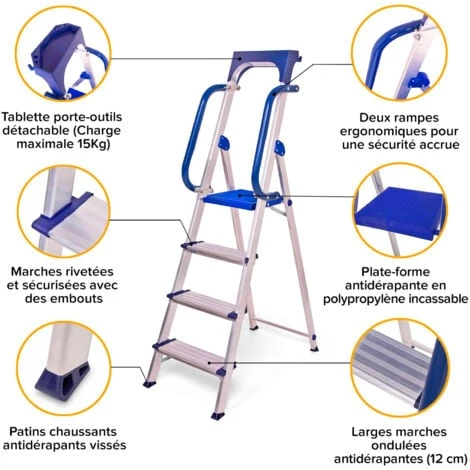 Escabeau 4 Marches Secure Pro, Aluminium Renforcé, Sécurisé Avec Rampes, Tablette Porte-outils, Hauteur Plateforme 89cm, Charge 150kg Hostrom – Image 2