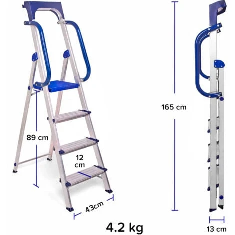 Escabeau 4 Marches Secure Pro, Aluminium Renforcé, Sécurisé Avec Rampes, Tablette Porte-outils, Hauteur Plateforme 89cm, Charge 150kg Hostrom – Image 4