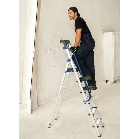 Escabeau 6 Marches Secure Pro, Aluminium Renforcé, Sécurisé Avec Rampes, Tablette Porte-outils, Hauteur Plateforme 135cm, Charge 150kg Hostrom – Image 2