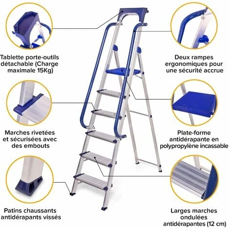 Escabeau 6 Marches Secure Pro, Aluminium Renforcé, Sécurisé Avec Rampes, Tablette Porte-outils, Hauteur Plateforme 135cm, Charge 150kg Hostrom – Image 4