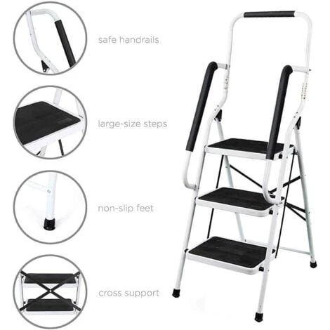 3 étapes Escabeau Avec Main Courante De Sécurité Pliable De Sécurité Antidérapant Matt Safe Heavy Duty - – Image 3