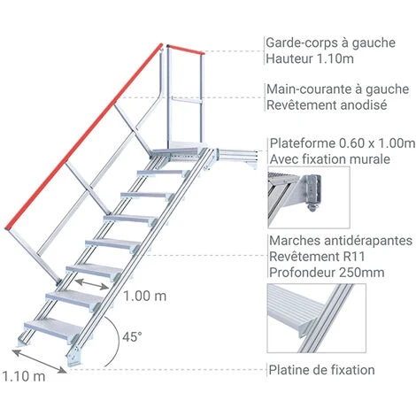Escalier Industriel 4 Marches - Hauteur à Franchir De 0.85m - Largeur De Marche 1000mm - Inclinaison 45° - 22211004 – Image 4
