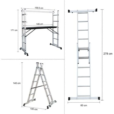 Echafaudage, Ă©chelle Multi-Usage, 168 X 160 X 45 Cm, EN 131, Charge Maximale: 150 Kg â Image 5