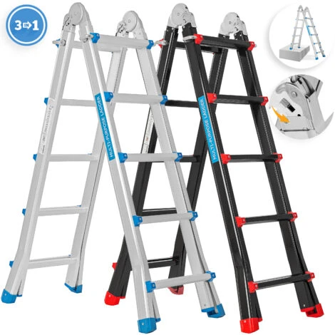 Masko® Aluminium échelle Télescopique Multifonctionnel En Aluminium échelle Pliante échelle, 5.10m / 4x5 Sprossen Black/Rot (de) – Image 2