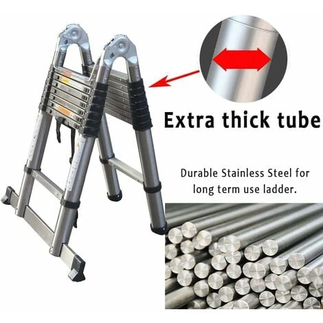 Échelle Télescopique 5 M, Pliable Avec Stabilisateur, échelle Pliante Antidérapante, échelle Polyvalente En Acier Inoxydable De Haute Qualité, Charge Maximale 150 Kg (2,5 + 2,5 M) – Image 4
