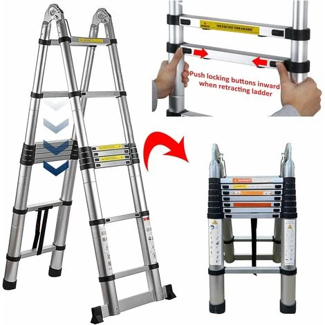 Échelle Télescopique 5 M, Pliable Avec Stabilisateur, échelle Pliante Antidérapante, échelle Polyvalente En Acier Inoxydable De Haute Qualité, Charge Maximale 150 Kg (2,5 + 2,5 M) – Image 5