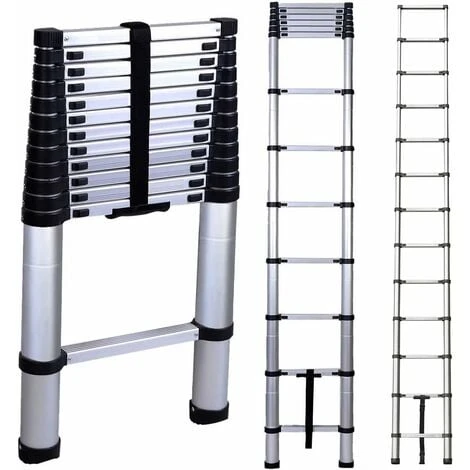 Échelle Télescopique De 3,8 M En Acier Inoxydable De Haute Qualité, 13 Marches, échelle à Coulisse, échelle Pliante Antidérapante, Escabeau, échelle Polyvalente Capacité De Charge Jusqu'à 150 Kg | Échelle Sûre Et Fiable (EN131)