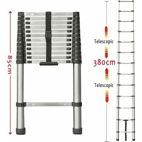 Échelle Télescopique De 3,8 M En Acier Inoxydable De Haute Qualité, 13 Marches, échelle à Coulisse, échelle Pliante Antidérapante, Escabeau, échelle Polyvalente Capacité De Charge Jusqu'à 150 Kg | Échelle Sûre Et Fiable (EN131) – Image 2
