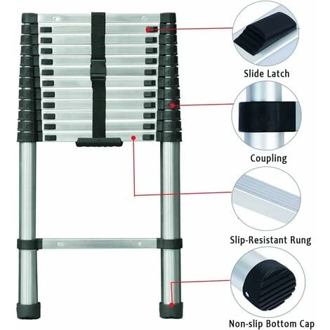 Échelle Télescopique De 3,8 M En Acier Inoxydable De Haute Qualité, 13 Marches, échelle à Coulisse, échelle Pliante Antidérapante, Escabeau, échelle Polyvalente Capacité De Charge Jusqu'à 150 Kg | Échelle Sûre Et Fiable (EN131) – Image 3