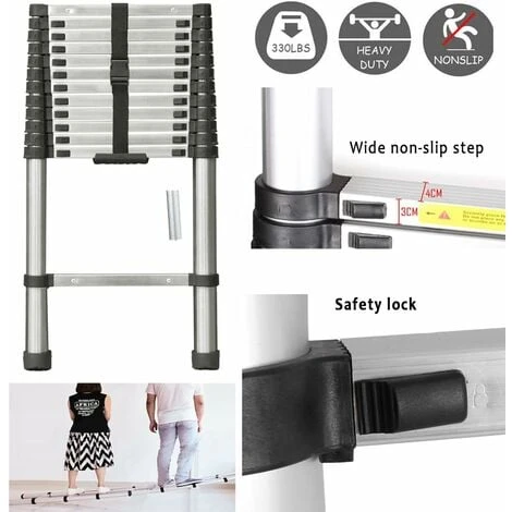 Échelle Télescopique De 3,8 M En Acier Inoxydable De Haute Qualité, 13 Marches, échelle à Coulisse, échelle Pliante Antidérapante, Escabeau, échelle Polyvalente Capacité De Charge Jusqu'à 150 Kg | Échelle Sûre Et Fiable (EN131) – Image 4