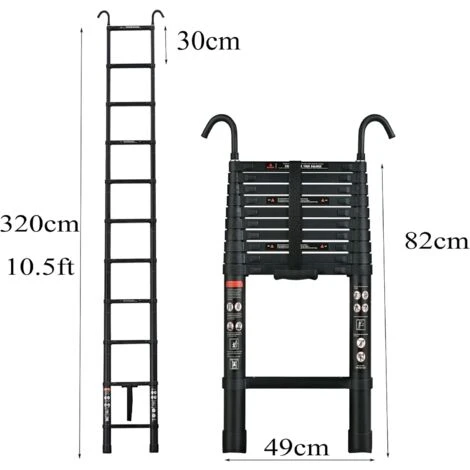 Échelle Télescopique De 3,2 M Avec Crochet, échelle à Rallonge En Aluminium, échelle Pliante Antidérapante, échelle Polyvalente En Aluminium De Haute Qualité Avec Rétraction à Un Bouton, Capacité De Charge De 330 Lb – Image 3