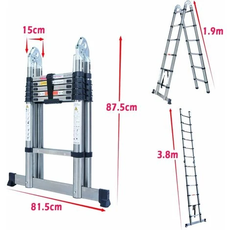 Échelle Télescopique échelle Pliante 3.8M Avec Stabilisateur, Escabeau Antidérapant 1.9M + échelle 1.9M En Acier Inoxydable De Haute Qualité, échelle Polyvalente, Capacité De Charge Jusqu'à 150kg – Image 2