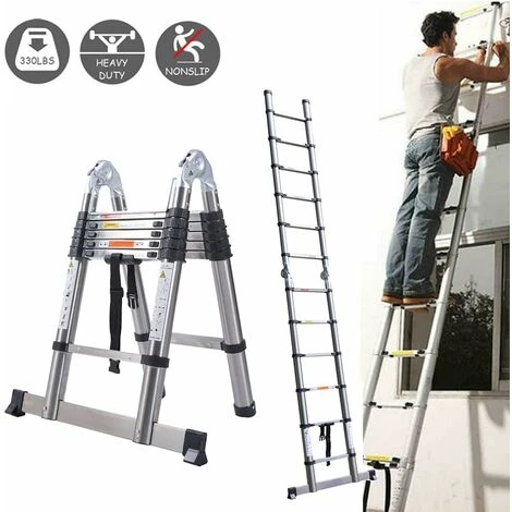 Échelle Télescopique échelle Pliante 3.8M Avec Stabilisateur, Escabeau Antidérapant 1.9M + échelle 1.9M En Acier Inoxydable De Haute Qualité, échelle Polyvalente, Capacité De Charge Jusqu'à 150kg – Image 4