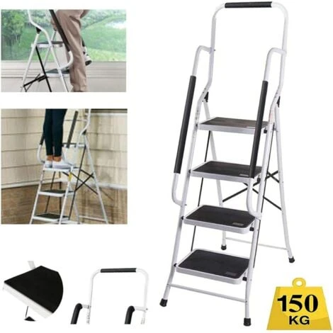 Escabeau De Main Courante Robuste En Acier 4 Marches Avec Main Courante Pliante échelle Portable Avec Tapis Antidérapant échelle Pour Garage Maison Sécurité Ménage Main Courante Escabeau Nouveau
