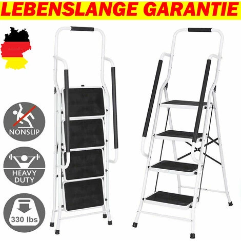 Escabeau De Main Courante Robuste En Acier 4 Marches Avec Main Courante Pliante échelle Portable Avec Tapis Antidérapant échelle Pour Garage Maison Sécurité Ménage Main Courante Escabeau Nouveau – Image 2