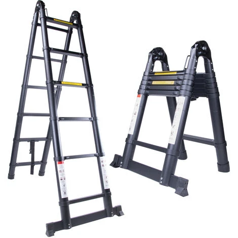 3.8M Échelle Télescopique En Aluminium Pliante (1,9M + 1,9M), Échelle Escamotable Multifonction Bricolage Pliable Charge 150 Kg, Tout Noir – Image 2