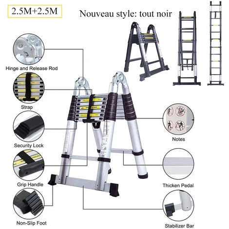 3.8M Échelle Télescopique En Aluminium Pliante (1,9M + 1,9M), Échelle Escamotable Multifonction Bricolage Pliable Charge 150 Kg, Tout Noir – Image 4