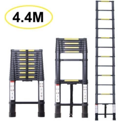 Échelle Télescopique 4.4M, Extensible Ladder Aluminium Échelle Multi-Fonction , Charge Max 150KG, Tout Noir