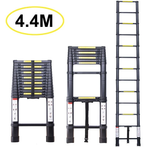 Échelle Télescopique 4.4M, Extensible Ladder Aluminium Échelle Multi-Fonction , Charge Max 150KG, Tout Noir