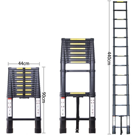 Échelle Télescopique 4.4M, Extensible Ladder Aluminium Échelle Multi-Fonction , Charge Max 150KG, Tout Noir – Image 4