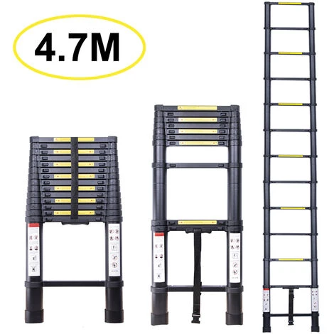 Échelle Télescopique 4.7M, Extensible Ladder Aluminium Échelle Multi-Fonction, Charge Max 150KG, Tout Noir