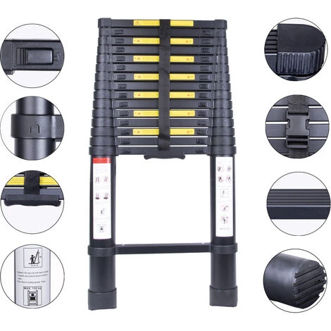 Échelle Télescopique 4.7M, Extensible Ladder Aluminium Échelle Multi-Fonction, Charge Max 150KG, Tout Noir – Image 2