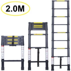 Échelle Télescopique 2.0M, Extensible Ladder Aluminium Échelle Multi-Fonction, Charge Max 150KG, Tout Noir