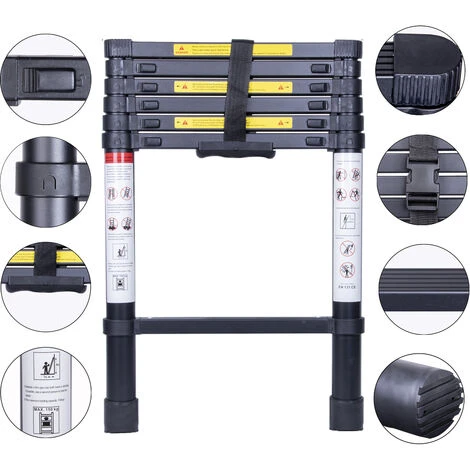 Échelle Télescopique 2.0M, Extensible Ladder Aluminium Échelle Multi-Fonction, Charge Max 150KG, Tout Noir – Image 2