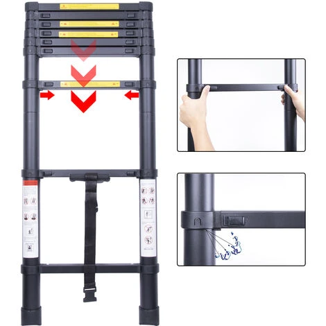 Échelle Télescopique 2.0M, Extensible Ladder Aluminium Échelle Multi-Fonction, Charge Max 150KG, Tout Noir – Image 3