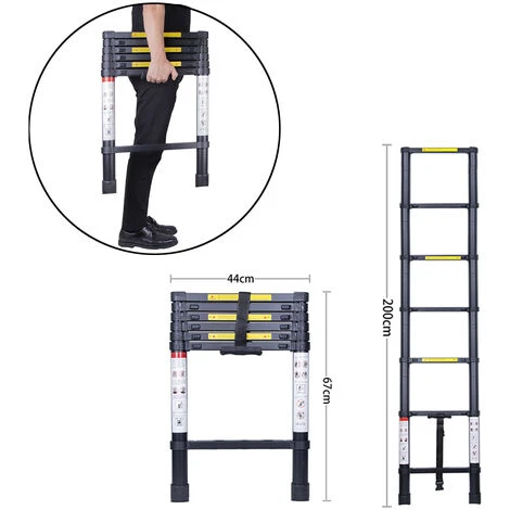 Échelle Télescopique 2.0M, Extensible Ladder Aluminium Échelle Multi-Fonction, Charge Max 150KG, Tout Noir – Image 4